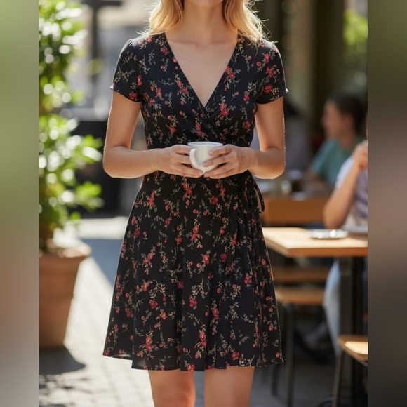 Kaileigh Dresses & Skirts - Kaileigh Dark Floral Wrap Mini Dress Size M
